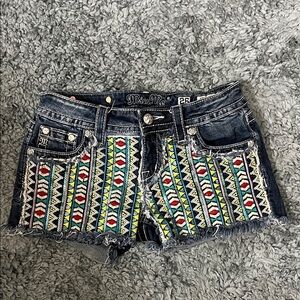 Miss Me Women's Patterned Jean Shorts - Blue and Multicolor